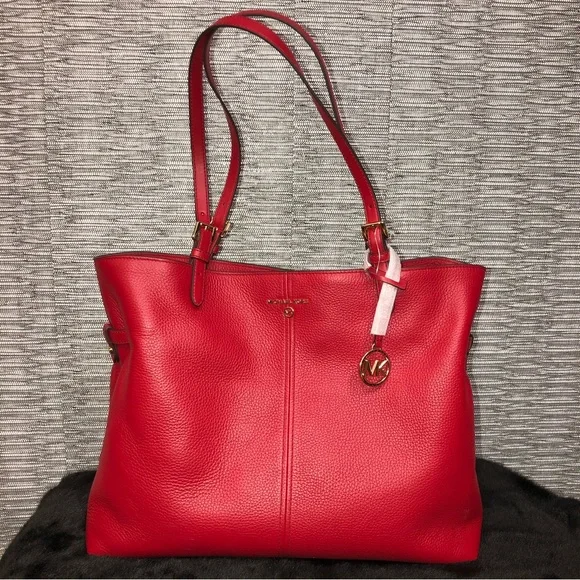 NWT Michael Kors Lenox Pebble Logo Charm Embossed Large Crimson Red Tote Bag